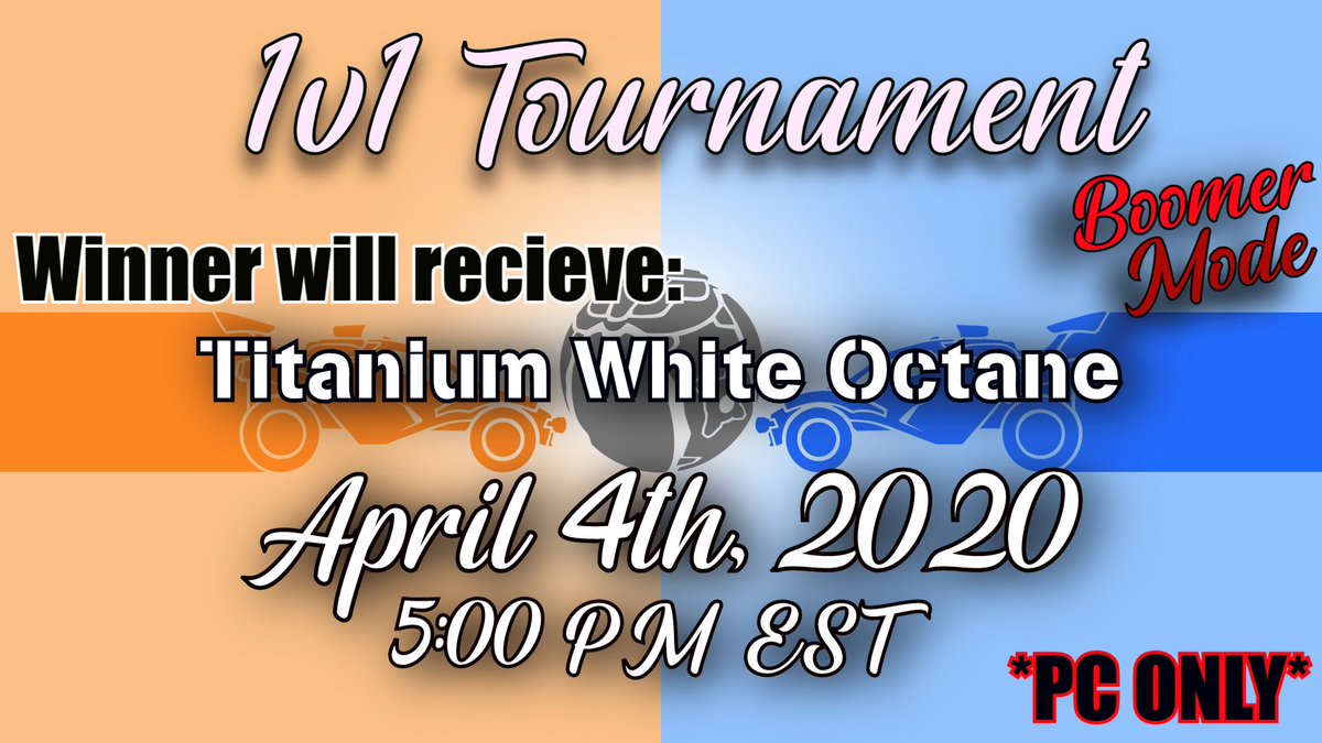 1v1 Tourney for PC players. BOOMER MODE and ALL horrible maps! BUT winner will get a Titanium White Octane! I will be casting the game and I will 100% be a troll, but it is all in fun! Come to my twitch for more details twitch.tv/actuallybearded #RocketLeague #pcgaming #tourney