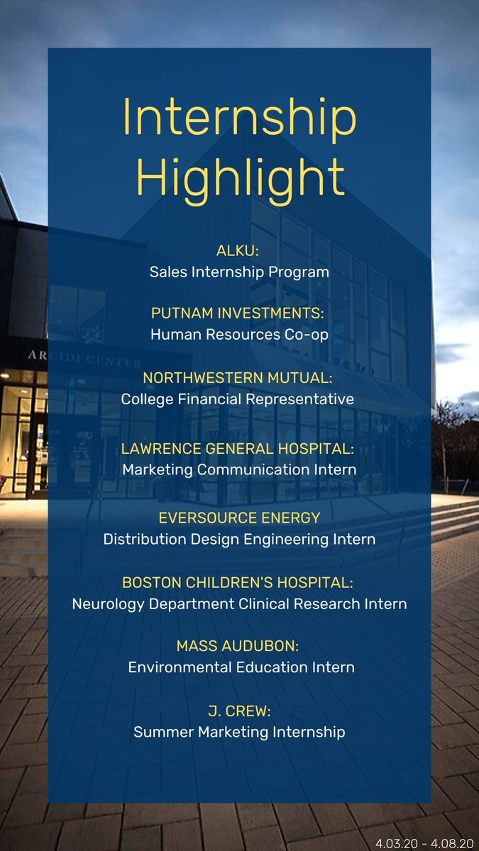 OBrienCenter's tweet photo. Take your career to the next level and apply to these #internships and co-ops at @LifeAtALKU, @PutnamToday, @NMFinancial, @LawrenceGenHosp, @EversourceCT, @BostonChildrens, @MassAudubon and @jcrew!
#merrimackcollege #obriencenter #gethiredup https://t.co/vTTmacQe0F