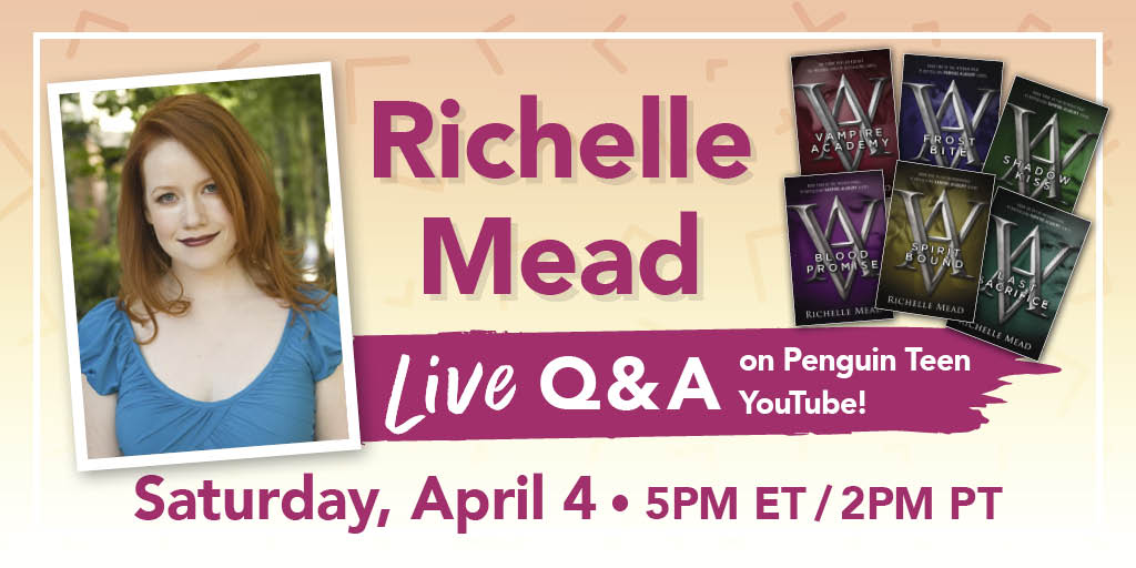 PenguinTeen's tweet photo. It's the start of #SaturdayChat and our very first guest is @RichelleMead!!!!
Join us tomorrow, Sat April 4 on Penguin Teen YouTube for a live chat with the Vampire Academy bestselling author and get your questions answered!! https://t.co/q5kHjR4R4S