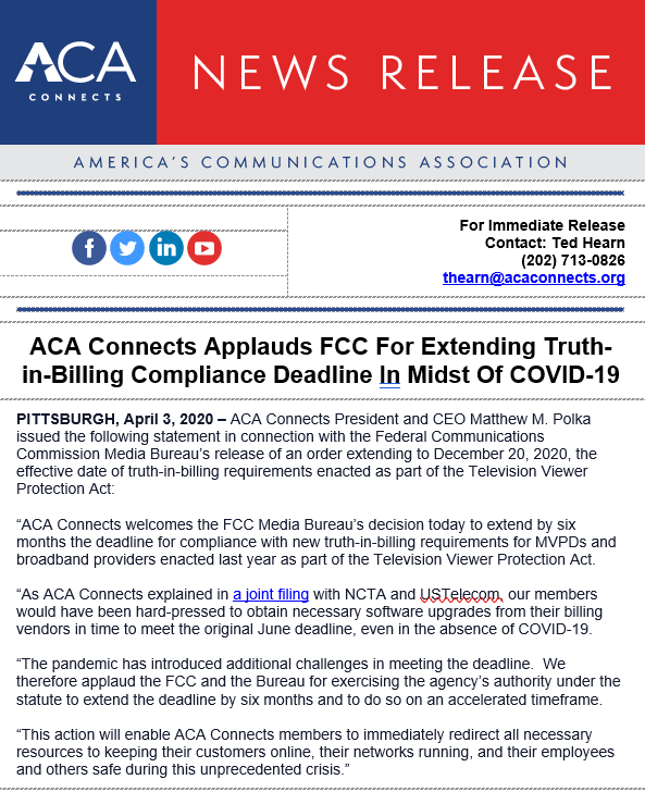 MatthewMPolka's tweet image. .@ACAConnects Applauds @FCC For Extending #TruthInBilling Compliance Deadline in Midst of #COVID19 is.gd/4Hd1wb