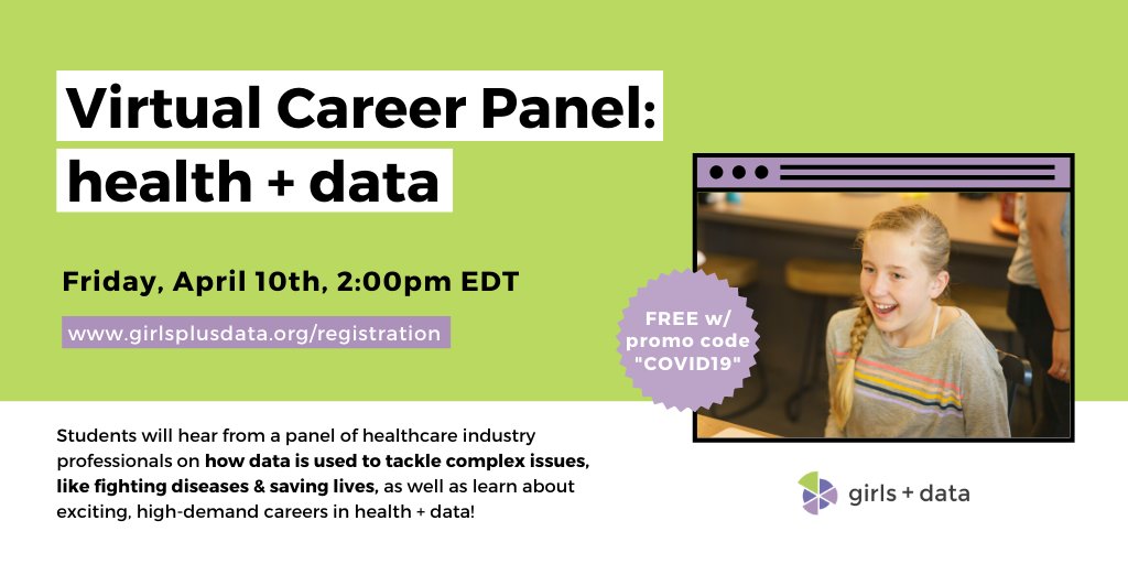 Not all heroes wear capes—and many of them use data to solve problems in health! 💪📊

To inspire the next generation of women in health + data, we’re hosting a *FREE* virtual career panel! 💻⚡️

Use promo code “COVID19” to attend for FREE!
girlsplusdata.org/registration