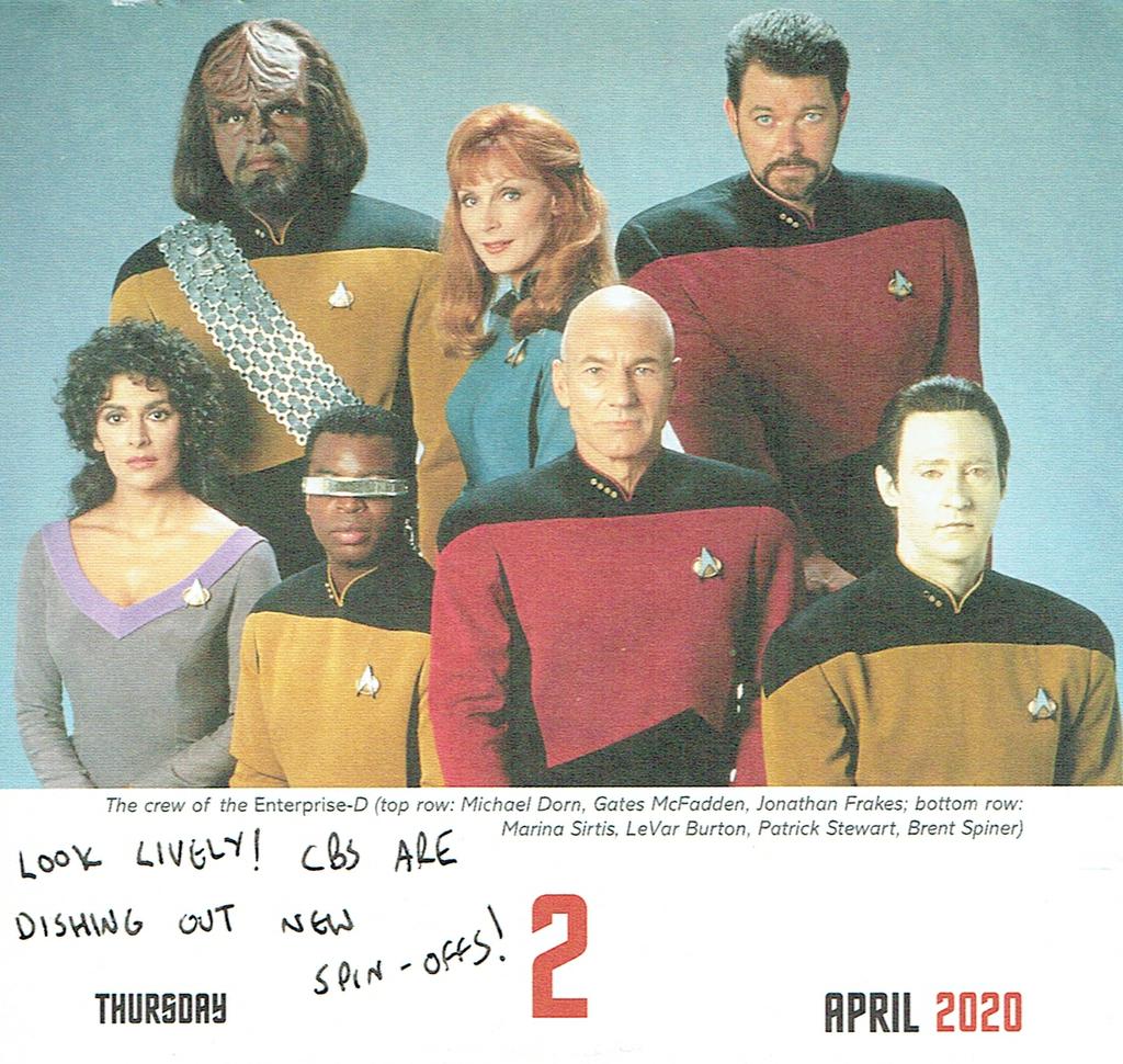 After re-escaping Borg clutches, Picard discovers that it is Q who is unwittingly causing time fractures with his every action or thought! The ENT-D crew are now in season 2 - no sign of Pulaski though! No wonder Crusher's looking so pleased with herself! 