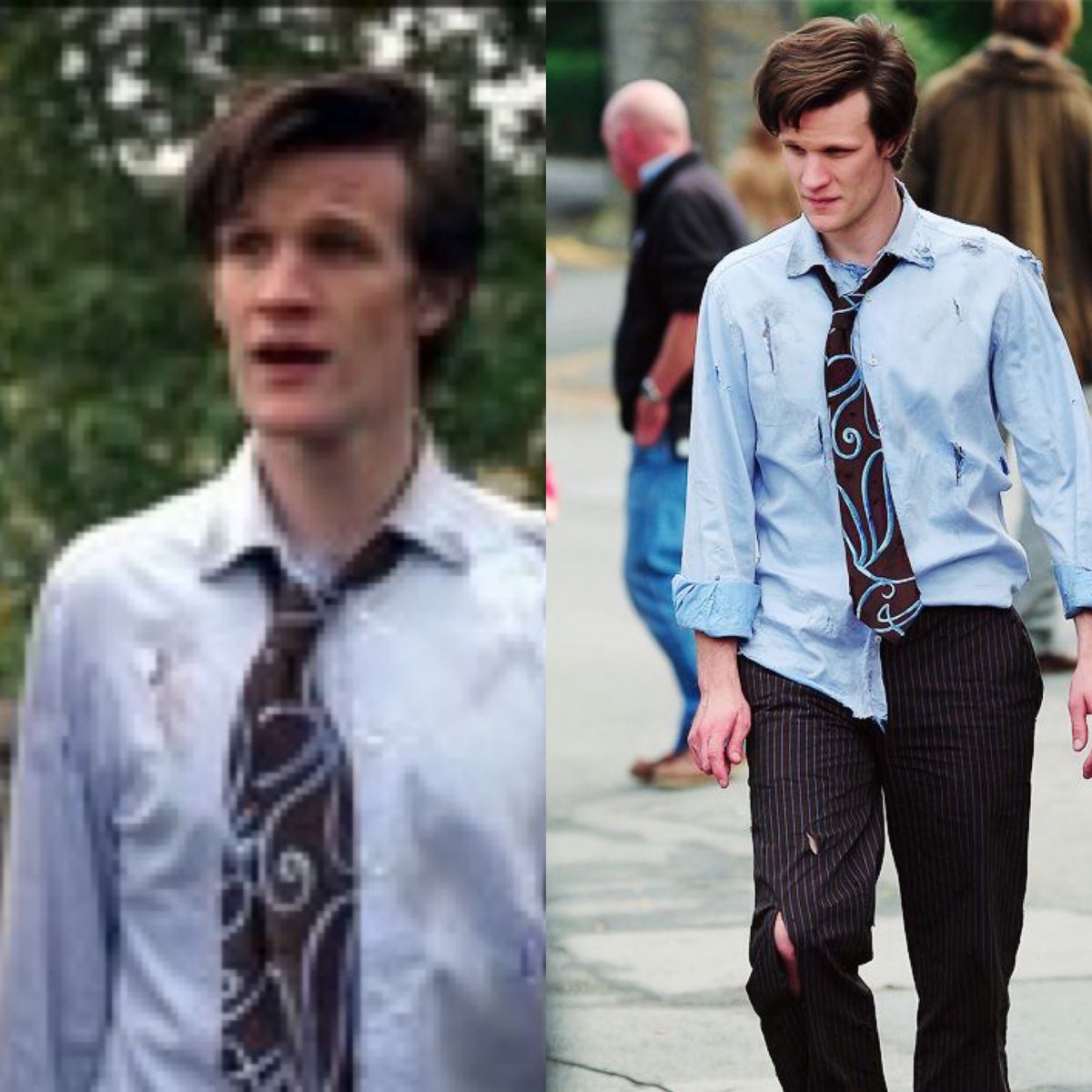 The Raggedy Man look involved recreating the 10th Doctors regeneration costume in order to distress it. There was only one tie and we needed 3 so we recreated it through embroidery, printing, painting and finally sewing.