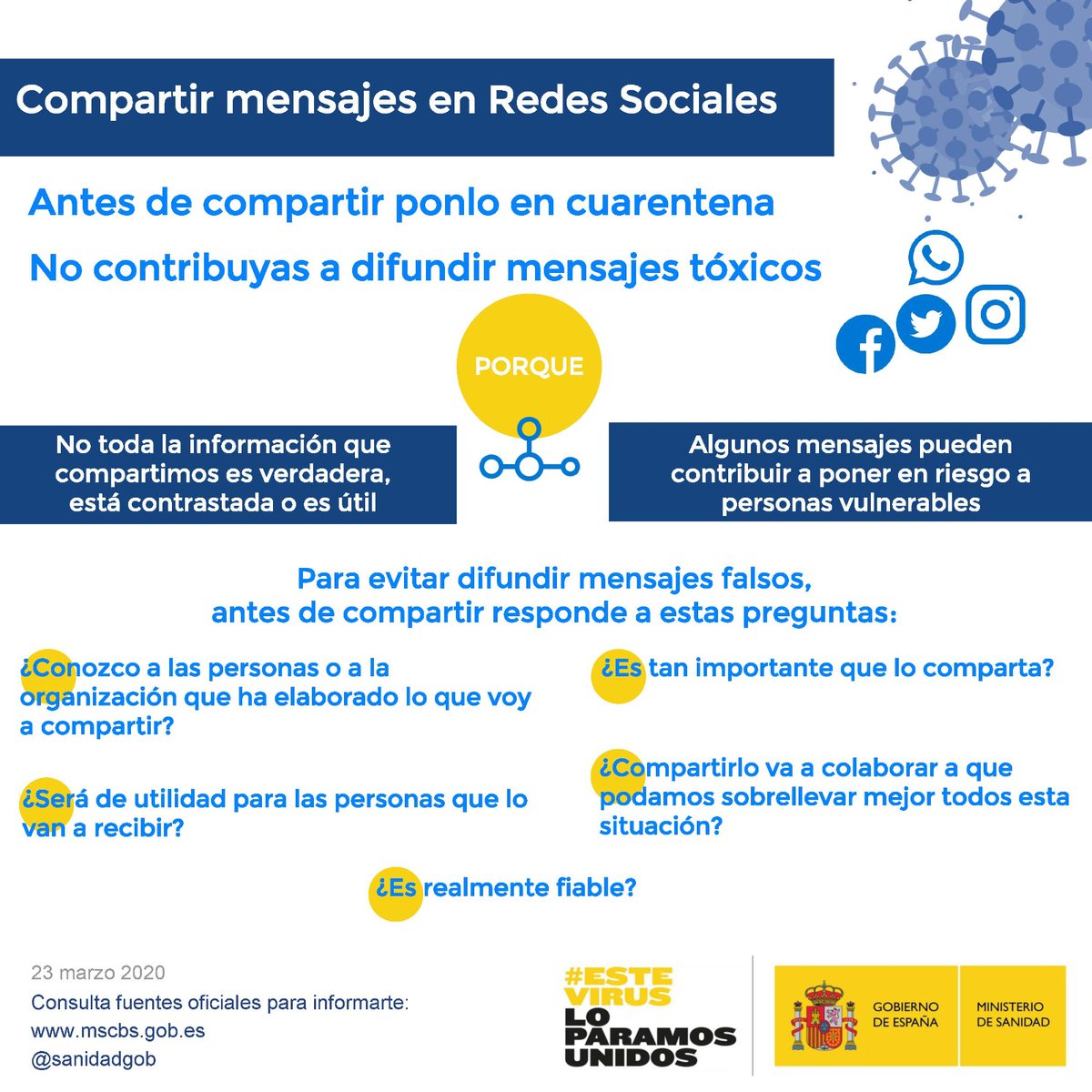 SaludPublicaEs's tweet photo. 🤳Recibimos todo tipo de información a través de redes sociales, WhatsApp o email

¡No creas todo lo que te envían! #StopBulos
➡️Sé responsable no compartas mensajes sin contrastar
➡️Infórmate sobre la crisis del #COVID19 siempre en fuentes oficiales

#EsteVirusLoParamosUnidos https://t.co/FiqB2jBM1c