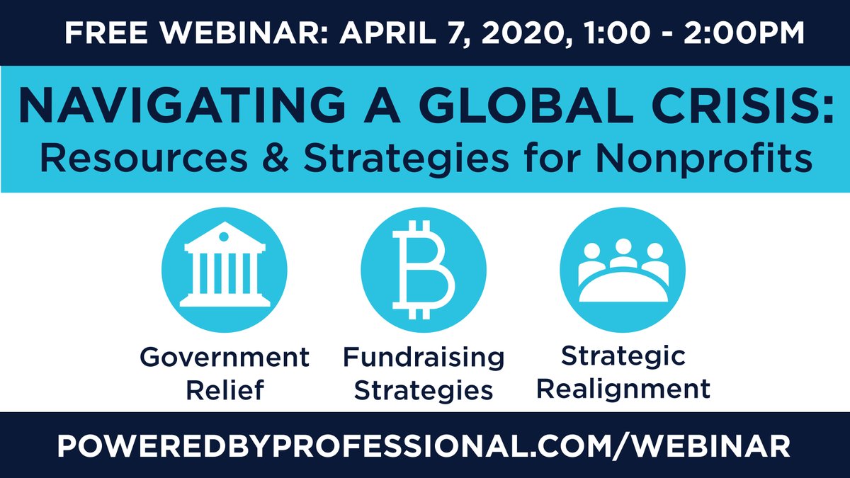 poweredbyprof's tweet photo. Join us on Tuesday, April 7th at 1PM for a free webinar discussing strategies &amp; resources available to nonprofits, including the CARES Act, reevaluating your fundraising strategy, strategic realignment and more. To RSVP, please visit https://t.co/FHAHg5eVNo. https://t.co/nxtfm15pA1