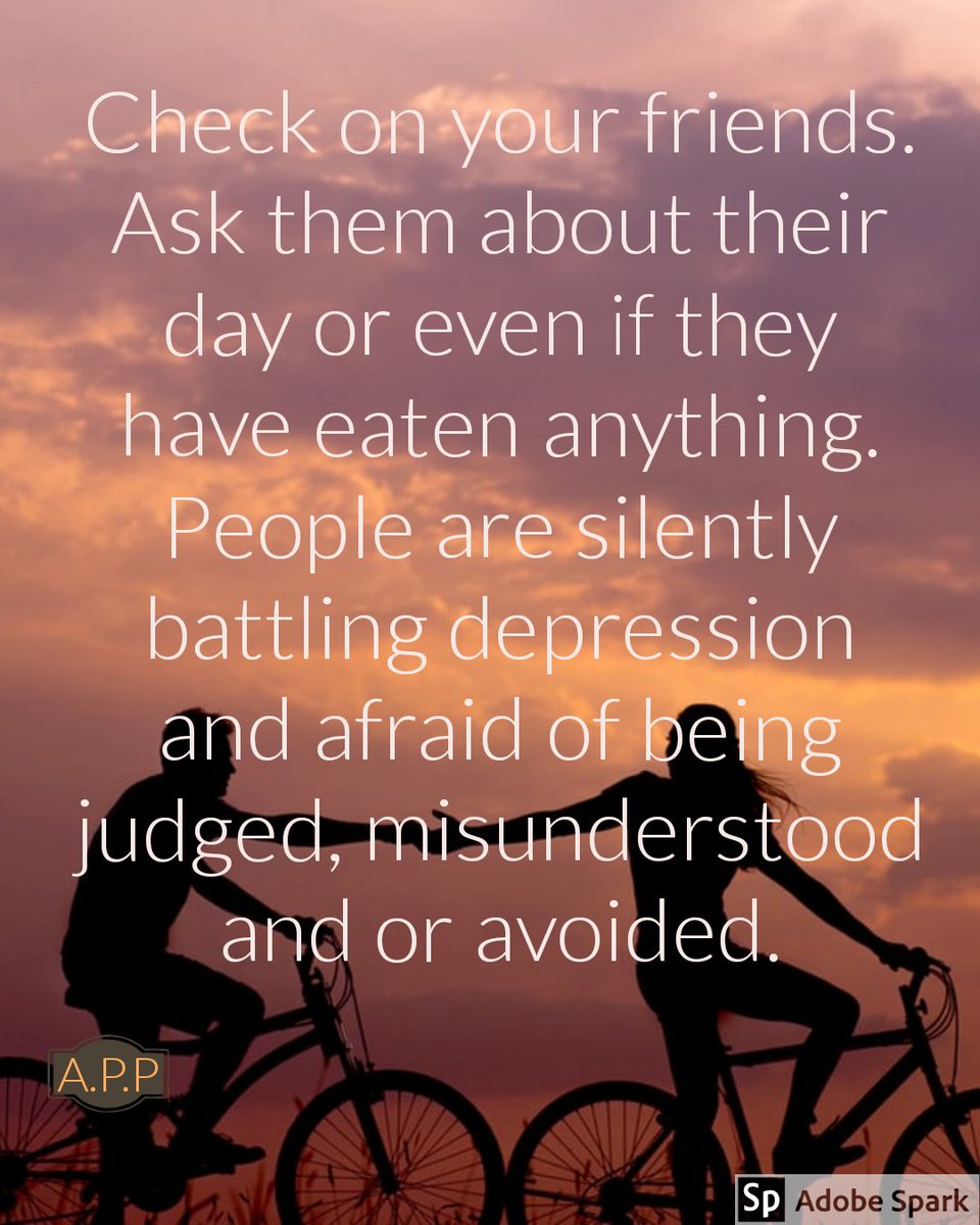 AndrewPPhiri's tweet photo. Check on your friends. Ask them about their day or even if they have eaten anything. People are silently battling depression and afraid of being judged, misunderstood and or avoided.

#LookingOutForOurOwn
@GenerationYLie 
@GenYLie77 https://t.co/slH0pI7SCm