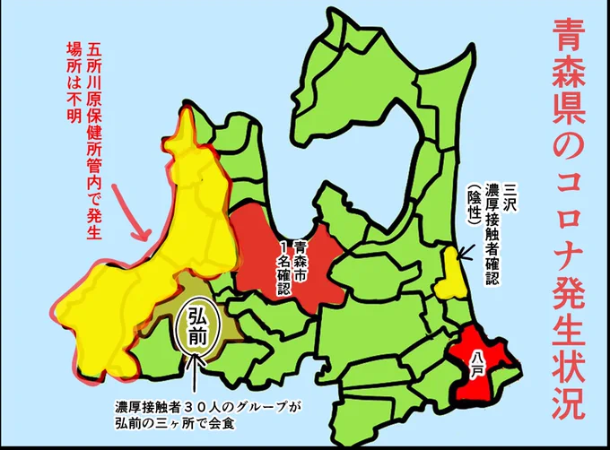 再び図で見る青森県コロナ発生状況4月3日現在の最新版です知ってるだけでも心構えが変わると思いツイートします弘前の情報はこちらのソースを元にしました…#青森 #青森コロナ #青森市コロナ発生 #弘前 