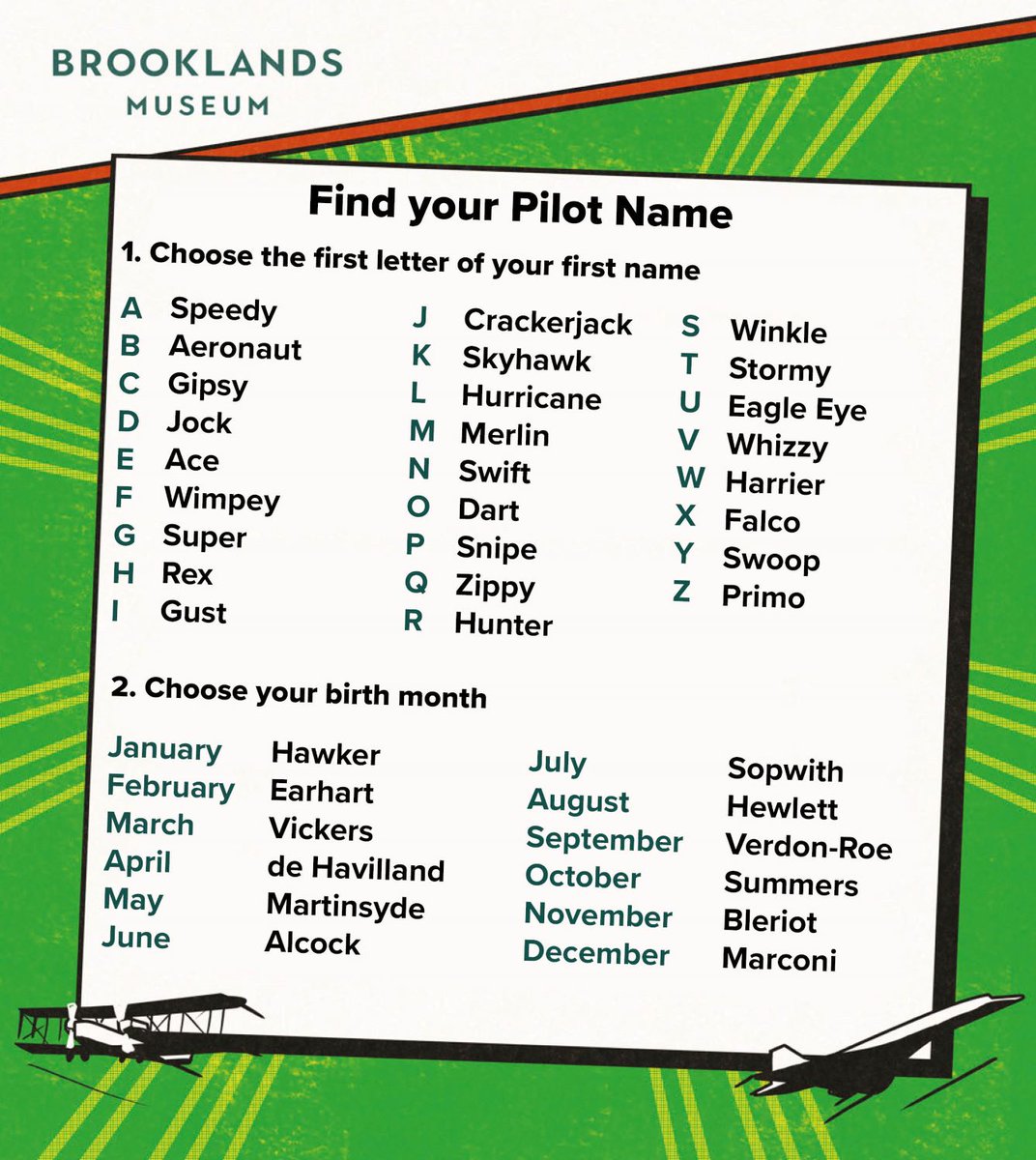 Brooklands Museum Fridayfun Time What S Your Pilot Name Use Our Chart Below To Discover Your Inner Pilot Name Let Us Know What It Is In The Comments Ours Is Aeronaut