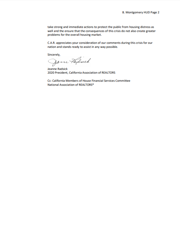 NEW: <a href="/CAREALTORS/">CA ASSN OF REALTORS®</a> requests the elimination of <a href="/FHAgov/">FHA and HUD Office of Housing</a> mortgage premiums on mortgages with loan-to-values below 80% to ease the burden on families during these challenging times. 

Full letter: bit.ly/2Rb4iGl