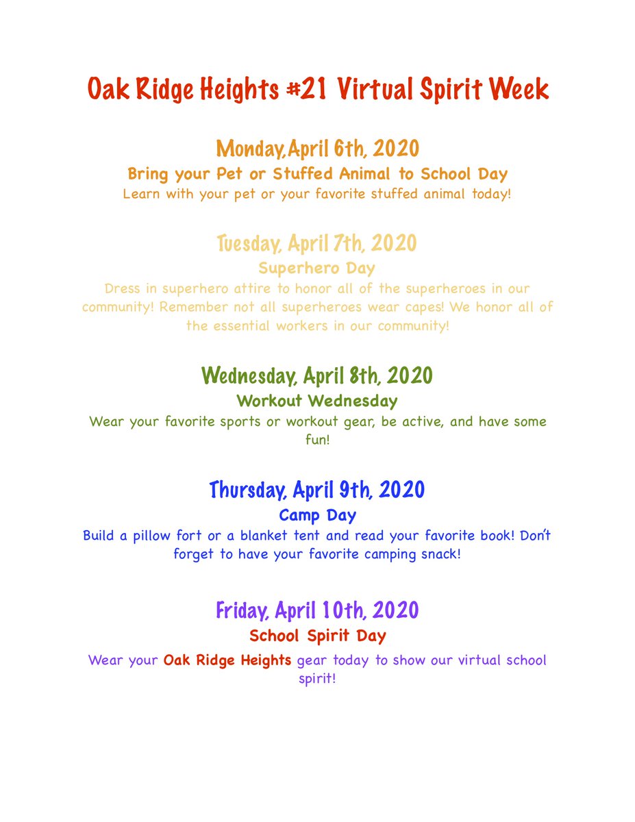 MsKrystenThomas's tweet photo. Next week join our Oak Ridge Heights Virtual Spirit Week!  Feel free to share any pictures with our school community!! @ORHEagles21 https://t.co/GVf3lZDBg4