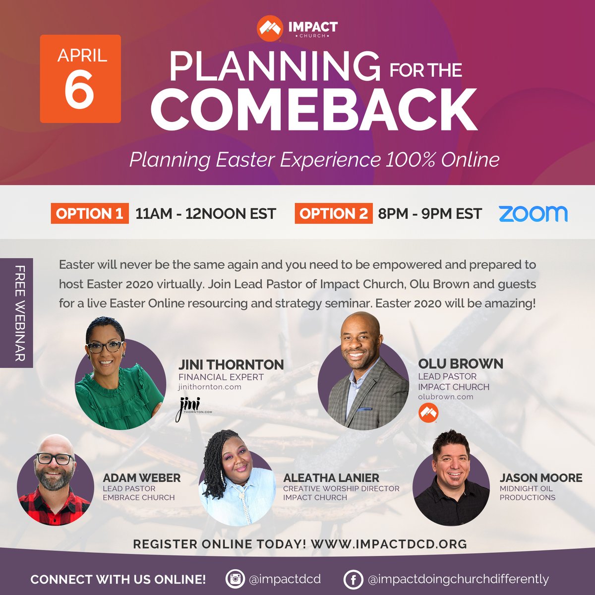 impactdcd's tweet photo. Easter 2020 will never be the same and we want to provide strategy & resources to anyone hosting an online Easter Experience. Monday, April 6 @ 11AM EST or 8PM EST. https://t.co/9VE6vVHWwM #impactdcd #onlineexperience #easter2020 https://t.co/zUmHa5YK6F