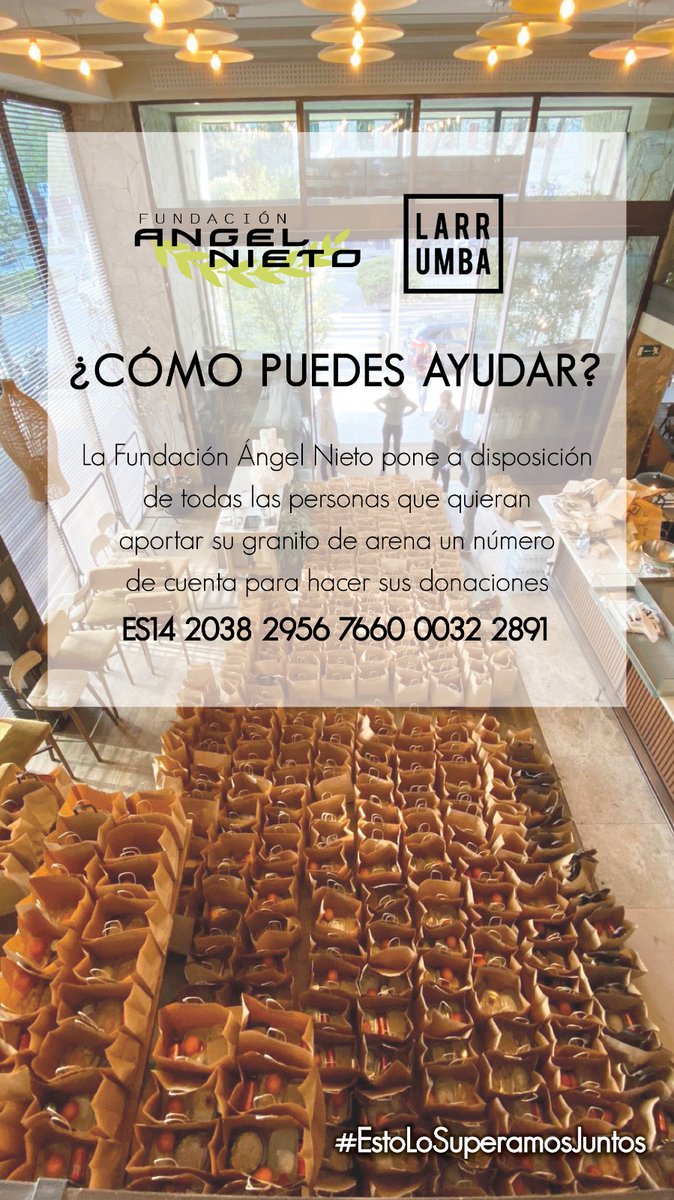 La <a href="/AngelNietoFund/">Fundación Ángel Nieto</a> y el grupo de restaurantes Larrumba se han aliado para distribuir cada día un menú completo entre el personal sanitario que trabaja en Madrid durante la pandemia. 

¿Cómo puedes ayudar? 👇