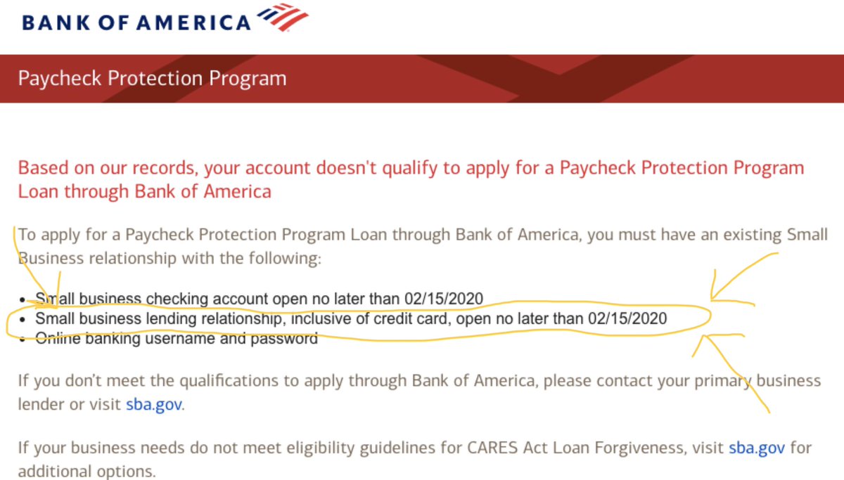 The requirement that a #SmallBusiness not just have a business account but also a loan or credit card is NOT in the law we wrote &amp; passed or in the regulations.

This is a <a href="/BankofAmerica/">Bank of America</a> requirement not a govt one. 

They should drop it. This money is 100% guaranteed by fed govt.