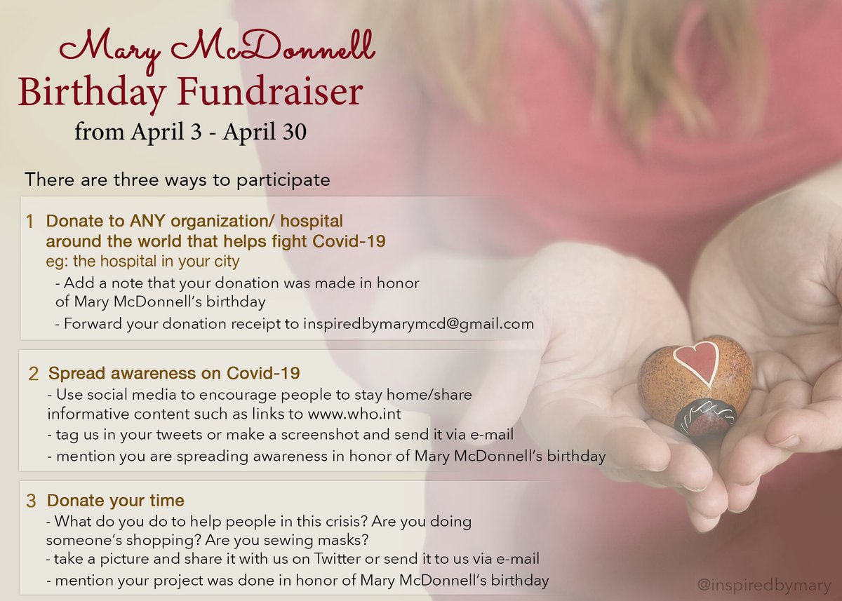 The fundraiser in honor of  @MaryMcDonnell10's birthday officially has started! There are three ways you can participate. All details can be found on the poster below. Tweet/DM/email us anytime if you have questions! inspiredbymaymcd@gmail.comThank you!