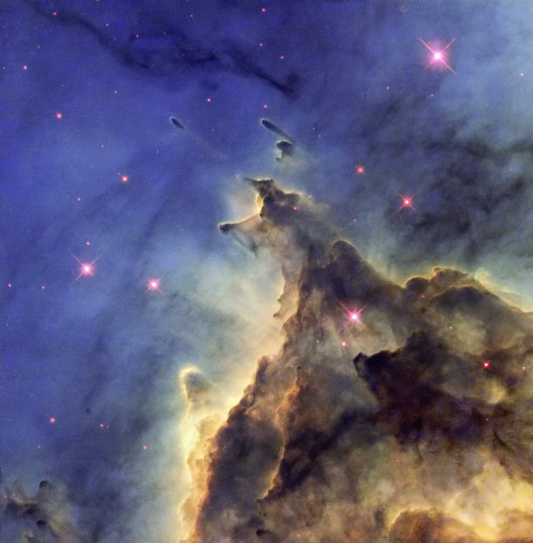 "Hot young stars in your area are ionizing clouds of hydrogen with their intense ultraviolet emissions."The stellar nursery NGC 2174, about 6400 light years away in Orion.Image: ESA/Hubble & NASA