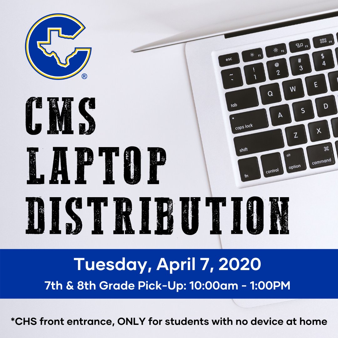 CMSCISD's tweet photo. Technology distribution for CMS 7th &amp; 8th graders isTuesday, April 7 from 10:00am to 1:00pm at the high school. You can drive through the drop-off loop at the front entrance to pick-up your device. Only for students who do not have a device at home. #CorsicanaISD #DigitalLearning https://t.co/phVHmMRMOZ