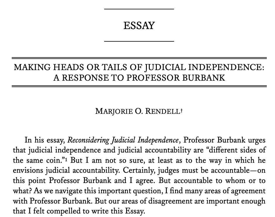 PennLRev's tweet photo. Penn Law Review Online (@upalrevonline) has posted Judge Marjorie O. Rendell's response to Prof. Burbank regarding judicial indep. from a jurist's perspective, and highlighting the import. of civic education in promoting that indep. in the public sphere https://t.co/md8iTH3L9g https://t.co/2Qf2zzZ8p0