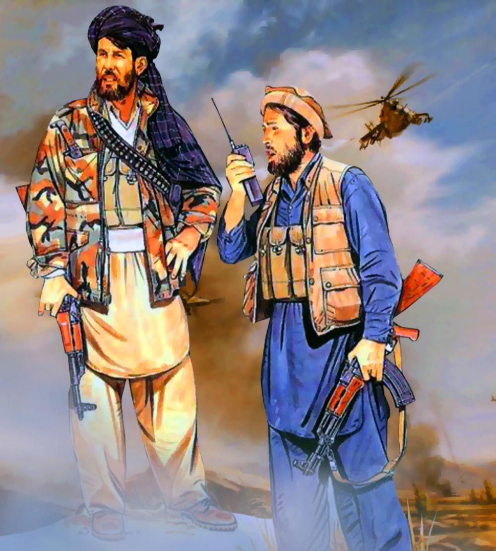 Picture shows two Mujahedeens: right one wearing a Pakol hat and the left one a dark blue turban with white lines. One of the most popular turbans in Afg.