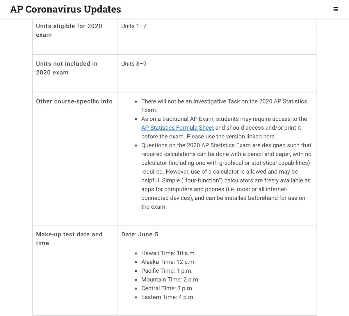  #APStatistics information for the 2020  #AP exam on May 22, 2020 at 2:00pm EDT. Click the link to see the entire page; screen shots are in this thread.  @josemartimast  @MDCPS  @MDCPSNorth  @MDCPSMath  @MDCPSSTEAM  #mast1920 3/3 https://apcoronavirusupdates.collegeboard.org/educators/taking-the-exams/ap-exam-schedule