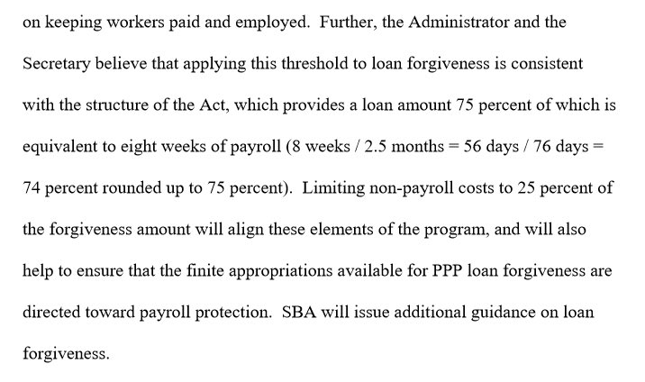 The math is a bit tricky, so I think that’s why many people are not immediately seeing what’s going on here. A covered loan is 2.5x average monthly payroll. The covered period is 8 weeks. Compare the law to Mnuchin.