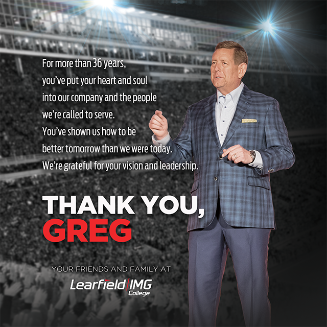 Learfield's tweet image. “It’s been the privilege of a lifetime to be associated with the great people of this company,” - Greg Brown, Learfield IMG College President &amp;amp; CEO