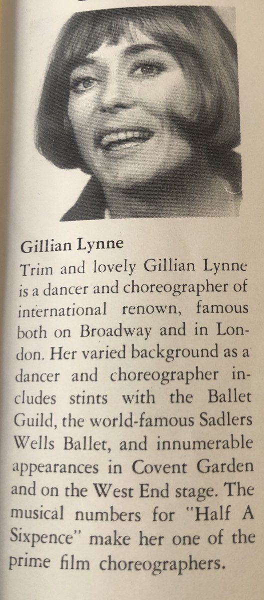 Can you imagine a creative's bio opening with the words 'trim & lovely' in 2020? Here's  #HalfASixpence's 1967 credits for  #GillianLynne, who of course went on to choreograph  @CatsMusical  @PhantomOpera &, in 2018, have a  #WestEnd theatre named after her. #DudleysProgrammes