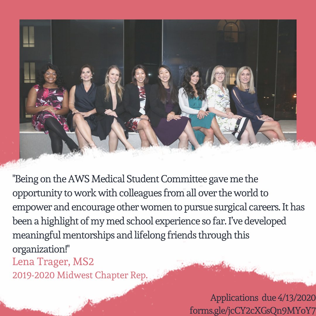 Only TEN DAYS left to apply for a position on the 2020-2021 AWS National #Medstudent Committee! Application and position descriptions can be found at: forms.gle/jcCY2cXGsQn9MY…

Thank you to <a href="/LenaETrager/">Lena E. Trager, MD</a>, 2019-2020 Midwest Representative for sharing her #WhyIAWS!
#SheforShe