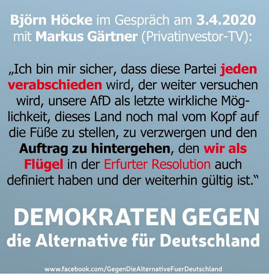 KreuzAcht's tweet photo. Wer sich gegen den "Flügel" stellt, fliegt raus!

Sagt Höcke und bestätigt damit alle Urteile politischer Beobachter. Die Selbstverharmlosung der #AfD ist damit zusammengebrochen. #NoAfD

https://t.co/Rckpez6FST https://t.co/Ml0licyH4u