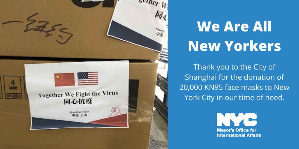 A graphic showcasing the donation. On the left, there is a photo of boxes of masks with the Chinese and American flags on a sign that reads Together We Fight the Virus. On the right, text reads We Are All New Yorkers and thanks the City of Shanghai for the donation.