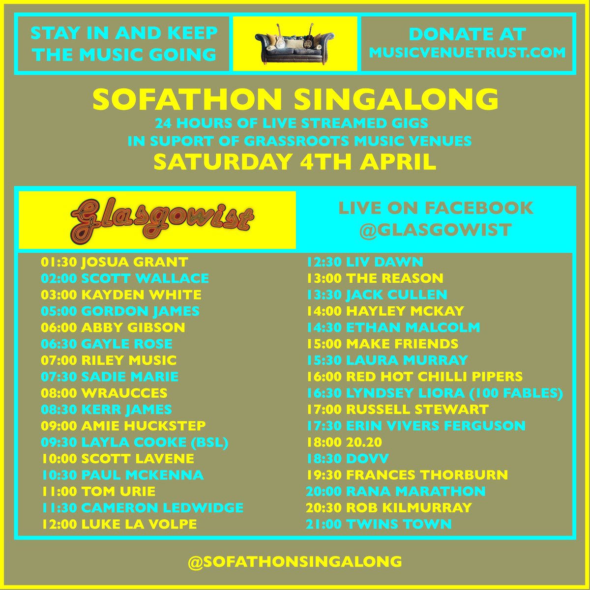 Tomorrow I will playing live on <a href="/HelloGlasgowist/">Glasgowist</a> Facebook page as part of <a href="/SofathonS/">SofathonSingalong</a>! Tune in tomorrow at 1pm for some tunes and head over to our Instagram to make a request!

Proud to be working with <a href="/musicvenuetrust/">Music Venue Trust</a> on this, check them out 🤙🏻📺