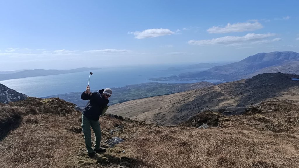 Hole 6 and the final hole from “The Mountain Course” is hitting back out towards the view to Hungry Hill and Bere Island. 
A lovely way to finish the home made course on the mountains due to the closure of golf courses in Ireland. #golf #cahamountains #ireland #beara #adrigole