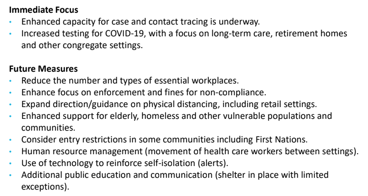 NEW: Here are the additional public health measures provincial officials are exploring to handle the spread of  #COVID19. Includes reducing the number of essential workplaces, enforcement & fines, enhancing support for vulnerable people like elderly, homeless.