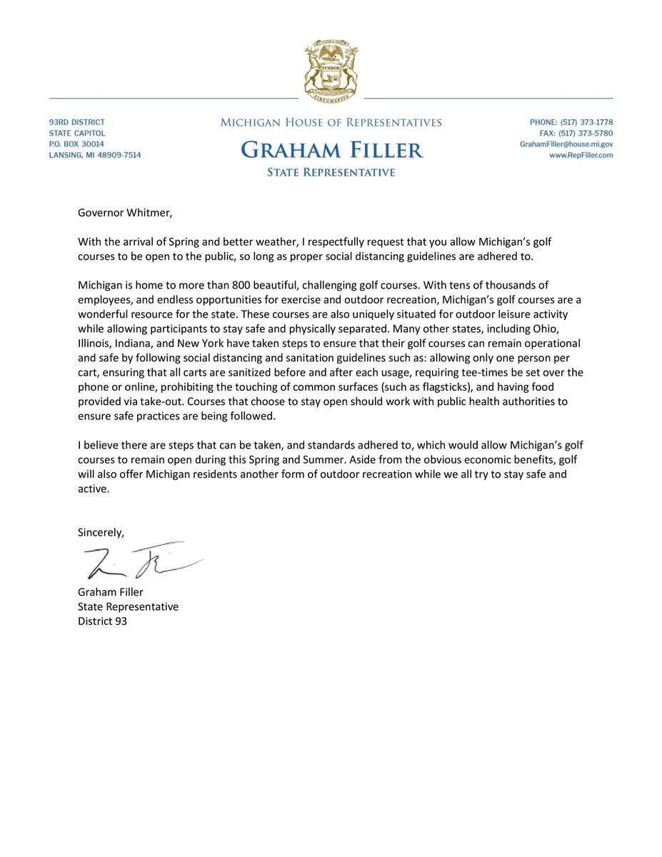 grahamfiller's tweet photo. Today I sent a letter to the Governor, asking her to reopen golf courses in Michigan, as long as proper social distancing and health safety rules are followed --> https://t.co/osb3fd3YS8