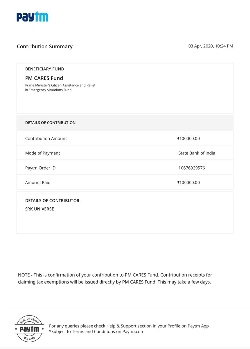 SRKUniverse's tweet photo. Least we could do. Following our idol @iamsrk's footsteps, a small contribution from us to PM CARES fund. 🙏🏻❤️
@redchilliesent

#CoronaUpdatesInIndia #COVID19Pandemic
#coronavirusindia #COVID2019 https://t.co/Fu8yXyxZzs