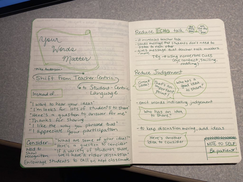 JodieMacInnis's tweet photo. My notes for “Your words matter” by @balancedteacher in the latest issue of @ASCD Deeper Discussions issue #lessjudgment #lessecho #studentcentric https://t.co/f9xRq8wu3Q