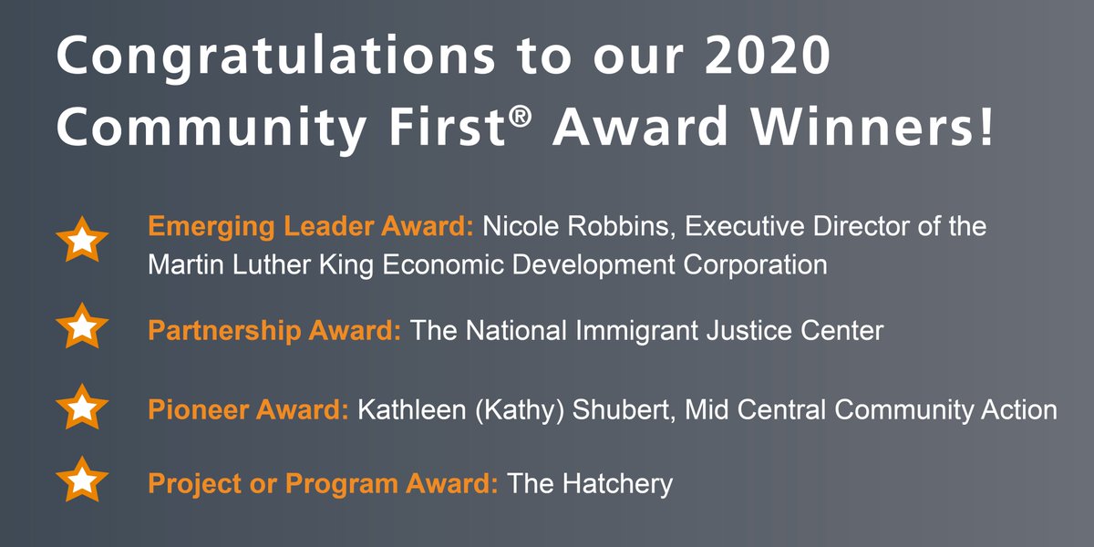 FHLBC's tweet photo. We’re proud to announce this year’s Community First Award winners: MLKEDC (nominated by @Wintrust Town Bank), @nijc (nominated by @bmoharrisbank), @MCCAinc (nominated by @hbtbank), and @thehatcherychi @AccionUS (nominated by @IFFcdfi)! Learn more: https://t.co/o3sNrS3Fre https://t.co/3OhywWurfH