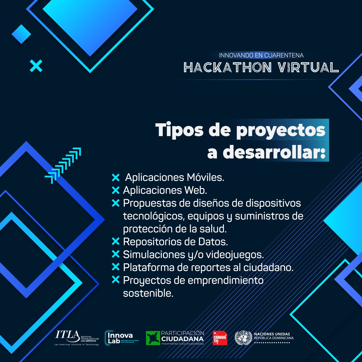 PCiudadana's tweet photo. Te presentamos los tipos de proyectos a desarrollar y retos a resolver por los equipos del 1er #HackathonVirtualRD "#InnovandoEnCuarentena". #HackathonVirtualITLA #CoronavirusRD #COVID19 #ITLARD #ParticipaciónCiudadanaRD #InnovaLabRD #CámaraTicRD #NacionesUnidasRD https://t.co/gFyynyIJcD