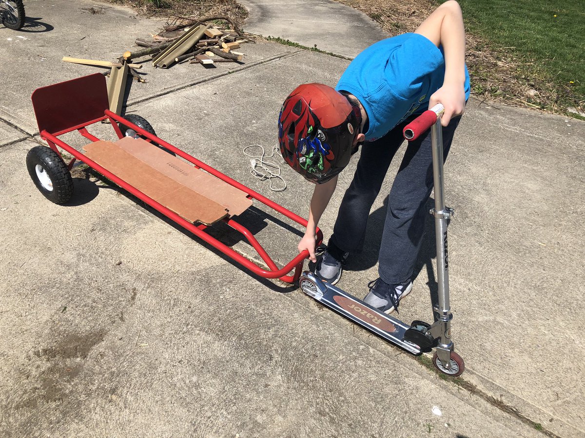 MagtheMom's tweet photo. #remotelearning #Engineers #ProblemSolving #Homemade #GoKart #Scooter #Handtruck #Willitwork? @wolvestweet #DIYSTEAM https://t.co/9N6ZYfWnP9