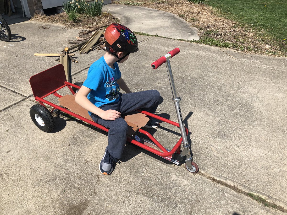 MagtheMom's tweet photo. #remotelearning #Engineers #ProblemSolving #Homemade #GoKart #Scooter #Handtruck #Willitwork? @wolvestweet #DIYSTEAM https://t.co/9N6ZYfWnP9