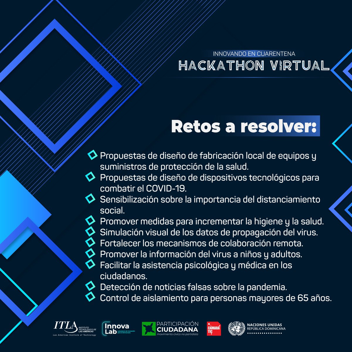 PCiudadana's tweet photo. Te presentamos los tipos de proyectos a desarrollar y retos a resolver por los equipos del 1er #HackathonVirtualRD "#InnovandoEnCuarentena". #HackathonVirtualITLA #CoronavirusRD #COVID19 #ITLARD #ParticipaciónCiudadanaRD #InnovaLabRD #CámaraTicRD #NacionesUnidasRD https://t.co/gFyynyIJcD