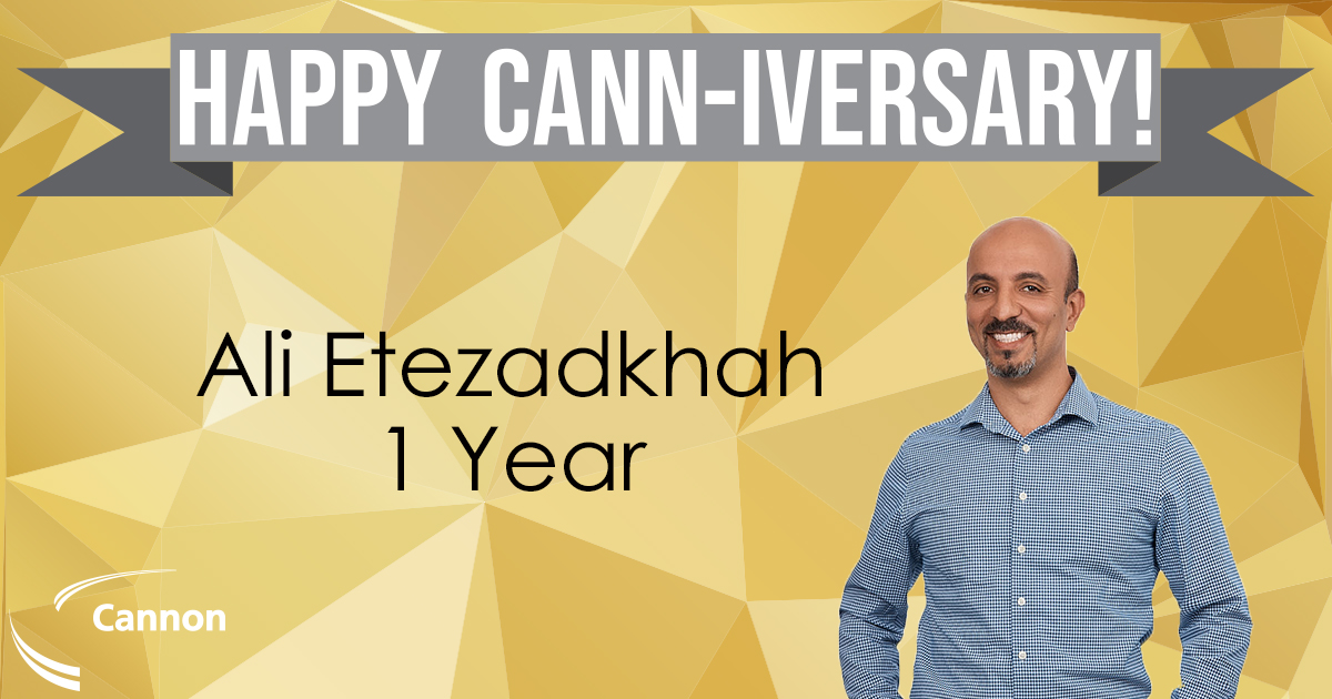 CannonCorp's tweet photo. Cheers to 1 year at Cannon Ali Etezadkhah! Happy Cann-iversary! #Canniversary #Celebration #WorkAnniversary #teamwork https://t.co/FeNHUESLAH