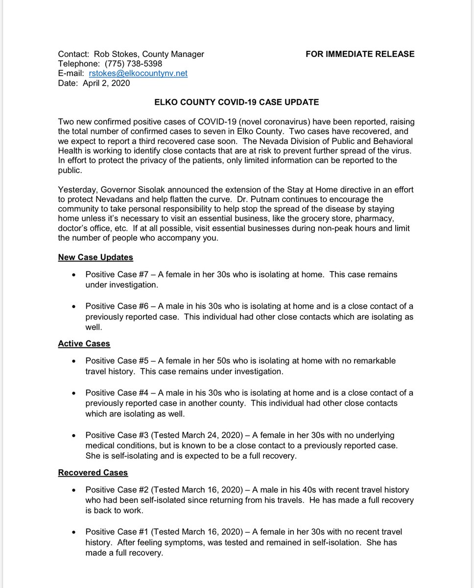 ElkoFire's tweet image. Elko county COVID-19 Press release 4/2/20