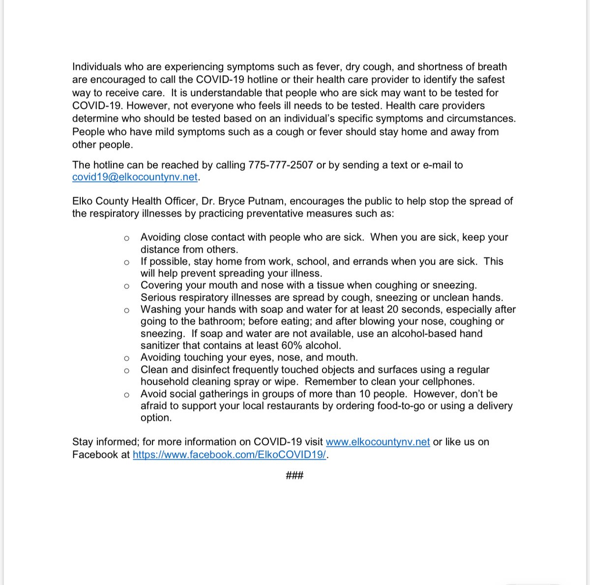 ElkoFire's tweet image. Elko county COVID-19 Press release 4/2/20