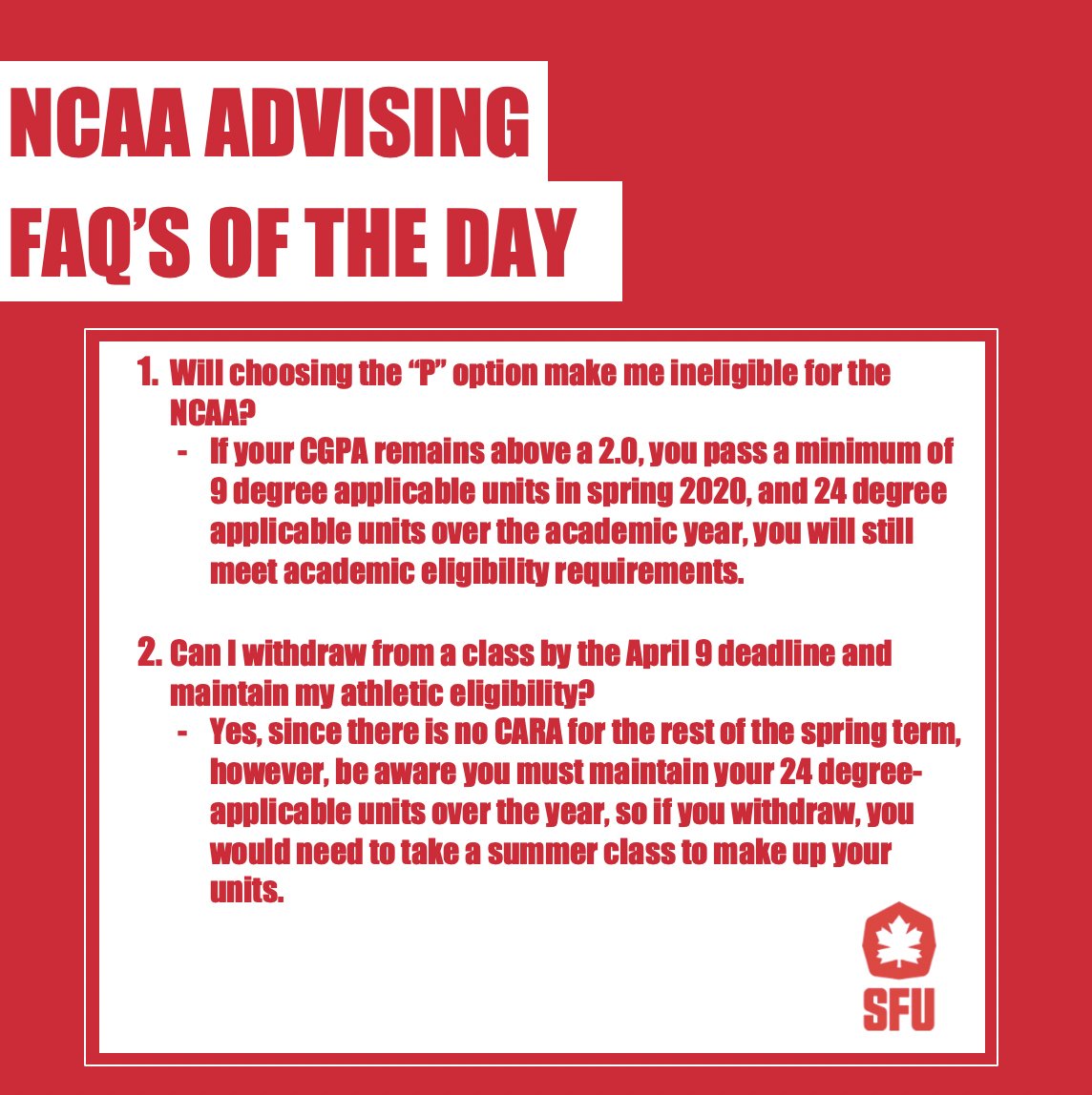 Check out the NCAA Advising FAQ's of the day!