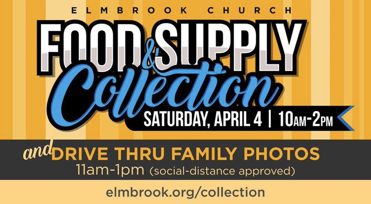 elmbrookchurch's tweet photo. Saturday! Food and supply drive AND family photos—social distancing style—in your car! Swing by for quick drop off and picture. https://t.co/Uk6X1kEbRC