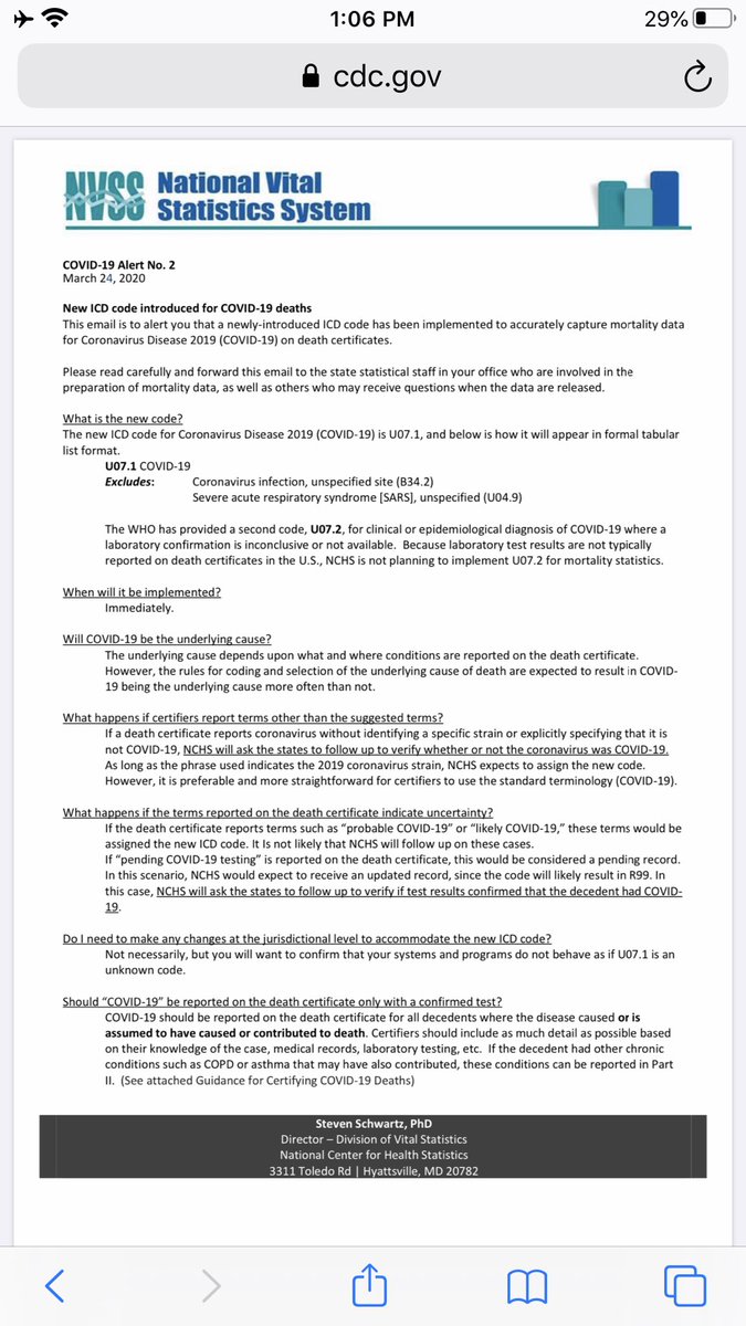 1/ As you sit home watching  #COVID death counts spiral, please know the official  @CDCgov guidance for coding COVID-related deaths is as follows: any death where the disease “caused or is *assumed* to have caused or *contributed to* death.” Confirmed lab tests are not required...