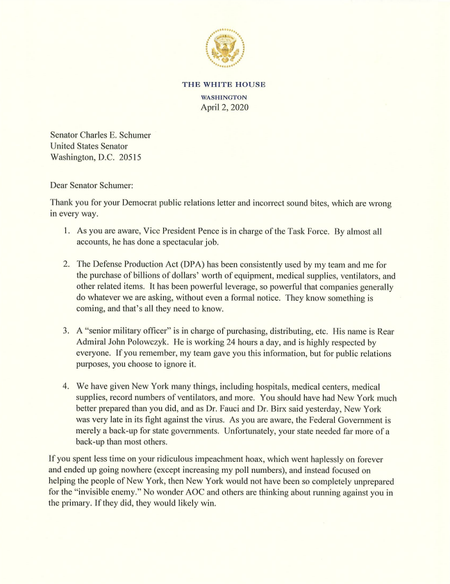 April 2: President Trump sent Senator Chuck Schumer a letter debunking false claims made against the Trump Administration’s coronavirus response. Read the letter below 