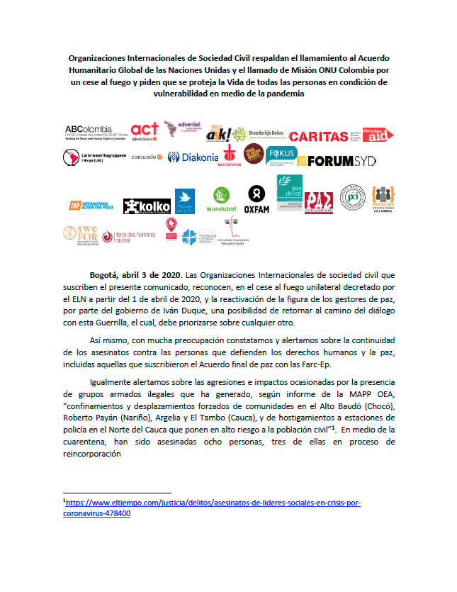 IAP_ActionPeace's tweet photo. #Comunicado org sociedad civil unidas en @espaciopazencol:
🔸El cese fuego #ELN posibilita al gobierno @IvanDuque  retomar el diálogo para la Paz
🔸Alertamos de la continuidad de asesinatos a defensores/as #DDHH y población reincorporada
🔸Exhortamos al gobierno a tomar medidas https://t.co/8tKzxuJ0wM