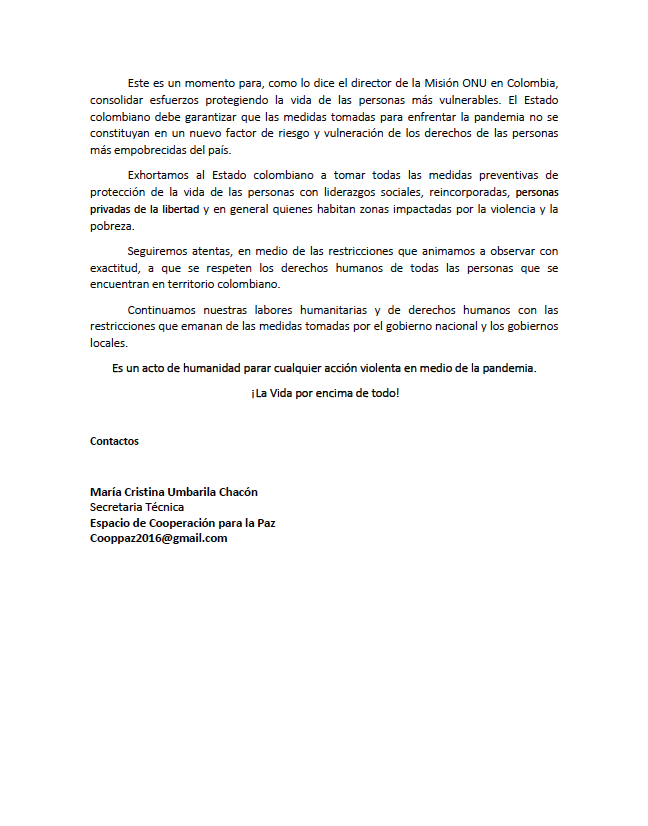IAP_ActionPeace's tweet photo. #Comunicado org sociedad civil unidas en @espaciopazencol:
🔸El cese fuego #ELN posibilita al gobierno @IvanDuque  retomar el diálogo para la Paz
🔸Alertamos de la continuidad de asesinatos a defensores/as #DDHH y población reincorporada
🔸Exhortamos al gobierno a tomar medidas https://t.co/8tKzxuJ0wM