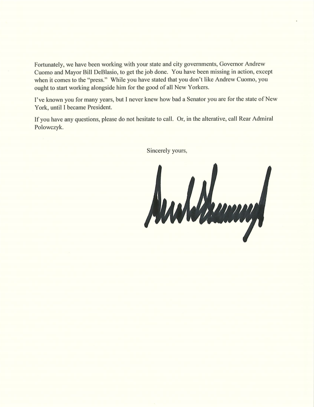 April 2: President Trump sent Senator Chuck Schumer a letter debunking false claims made against the Trump Administration’s coronavirus response. Read the letter below 